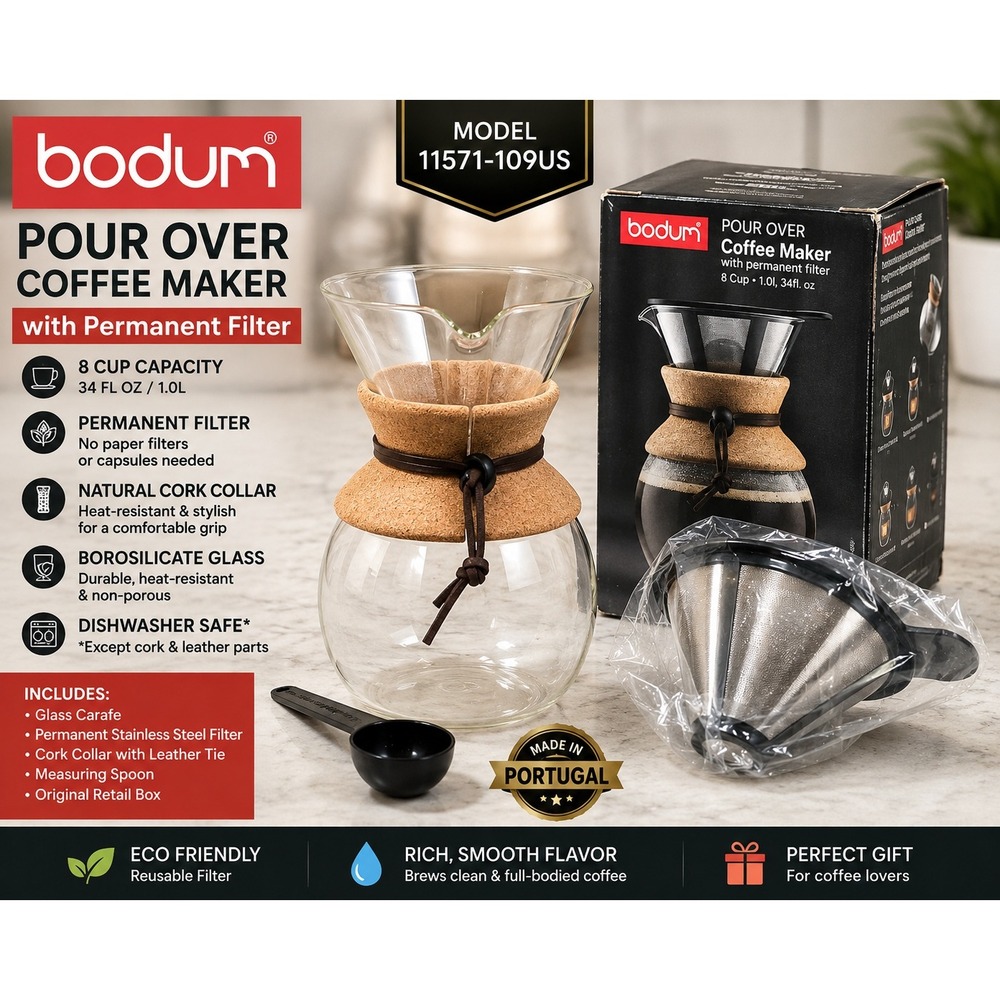 Bodum Pour Over Coffee Maker 8 Cup 34oz Cork Collar Glass 11571-109US Portugal